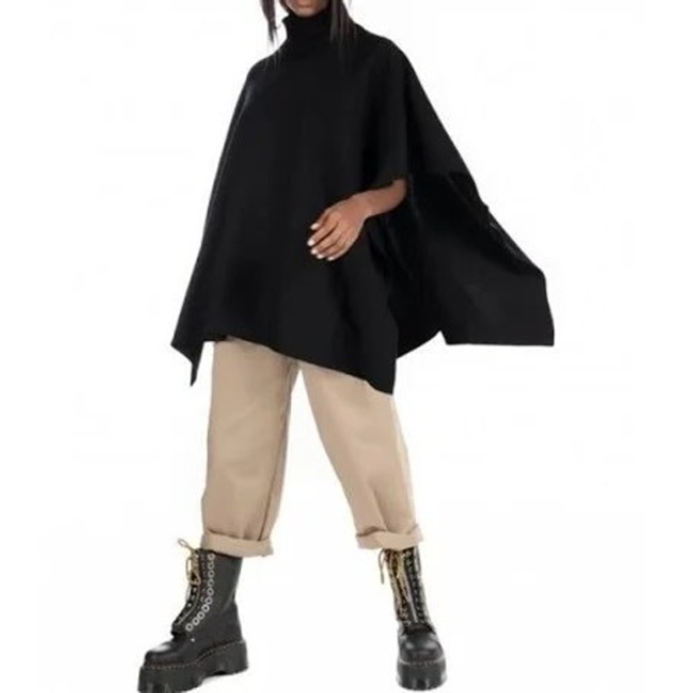 Hugo Boss Womens Black Knit Mock Neck Poncho Gold Button Cape OS